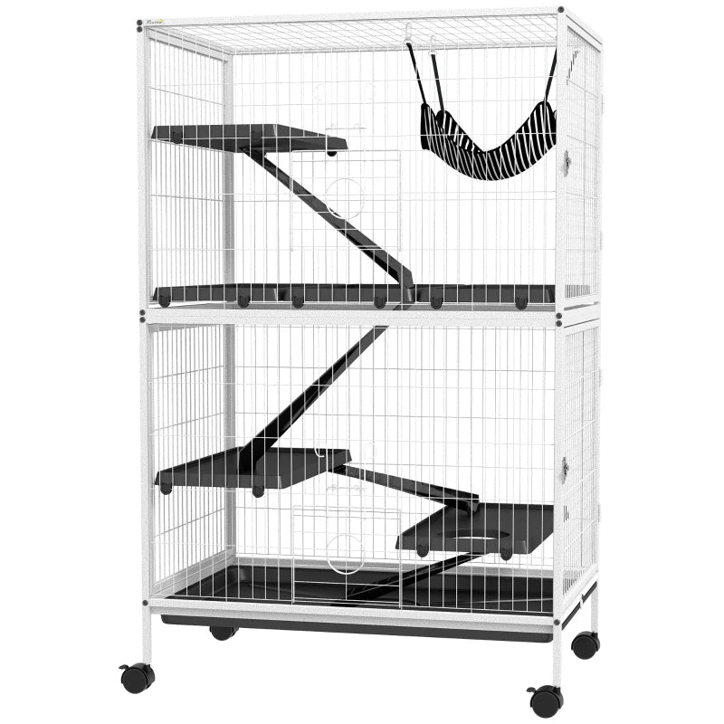 Rolling Small Animal Cage With Hammock, Ferret Cage, Chinchilla Cage, Pet Habitat, WIth 4 Doors, Removable Tray
