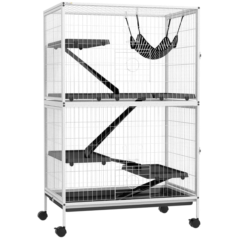 Rolling Small Animal Cage With Hammock, Ferret Cage, Chinchilla Cage, Pet Habitat, WIth 4 Doors, Removable Tray