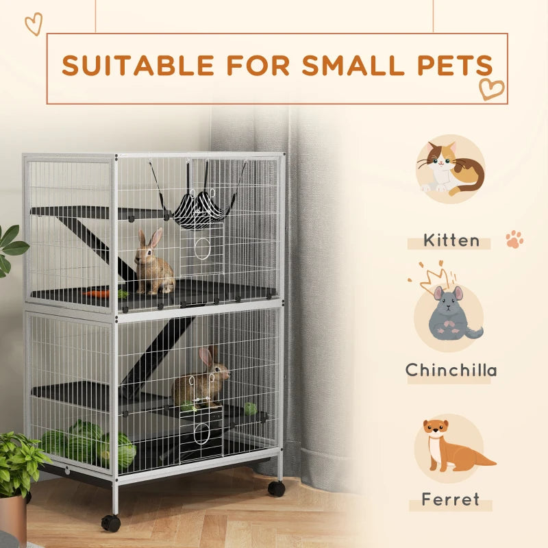 Rolling Small Animal Cage With Hammock, Ferret Cage, Chinchilla Cage, Pet Habitat, WIth 4 Doors, Removable Tray
