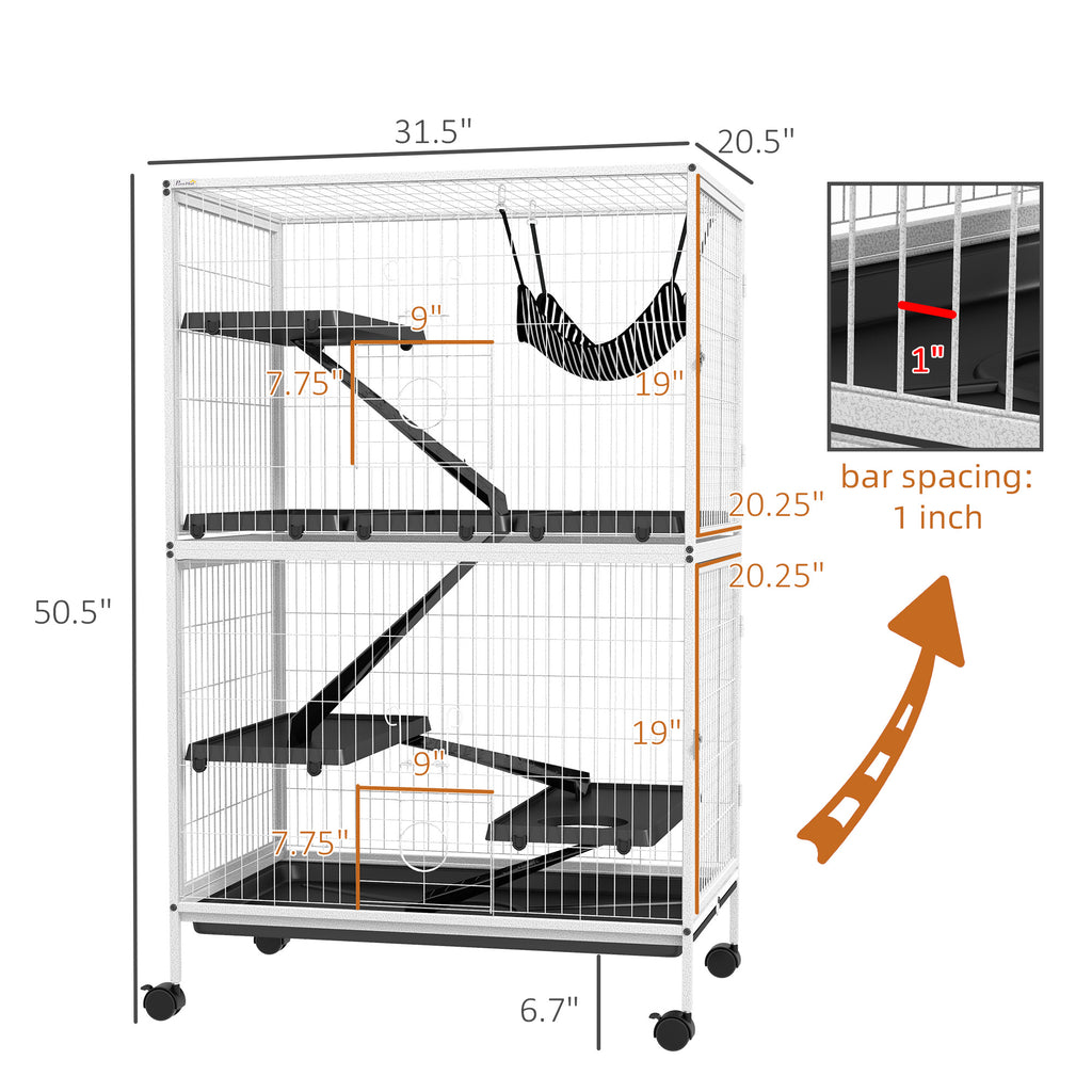 50" H Rolling Small Animal Cage With Hammock, Ferret Cage, Chinchilla Cage, Pet Habitat, WIth 4 Doors, Removable Tray