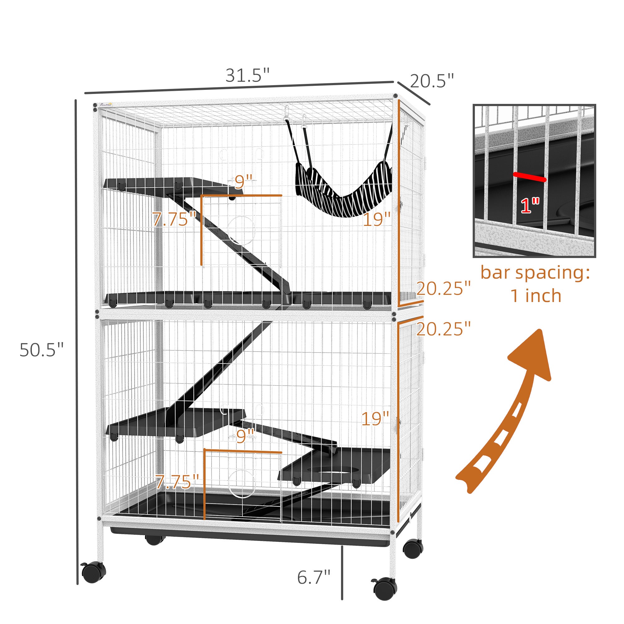 50" H Rolling Small Animal Cage With Hammock, Ferret Cage, Chinchilla Cage, Pet Habitat, WIth 4 Doors, Removable Tray